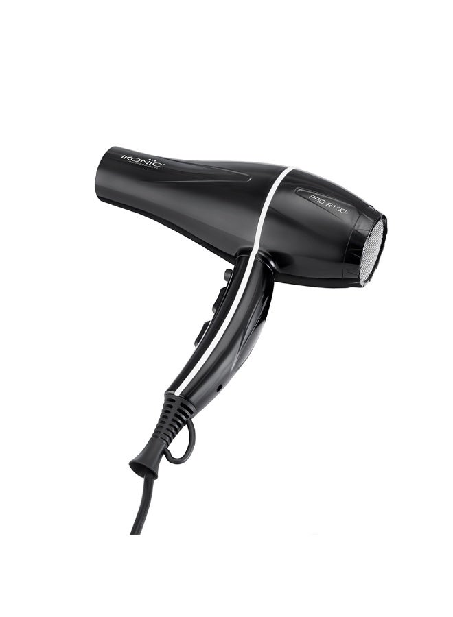 أي كونيك مجفف شعر إيكونيك بروفيشنال برو 2100+، أسود، بقوة 2000 واط، محرك قوي، 3 إعدادات حرارة و2 إعدادات سرعة مع زر هواء بارد، وظيفة تشغيل منخفض الضوضاء، فوهتان قابلتان للتبديل، حماية من ارتفاع درجة الحرارة، سلك بطول 10 أقدام، مناسب للنساء والرجال، لجميع أنواع الشعر - Image 2